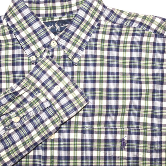 Ralph Lauren Blaire Button Down Shirt Long Sleeve Large Plaid Blue Green White - Picture 1 of 8
